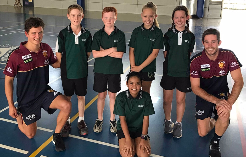 web community camp gallery2019lions.jpg Thomas Berry and Ryan Bastinac at Dalby South State School. - Brisbane Lions